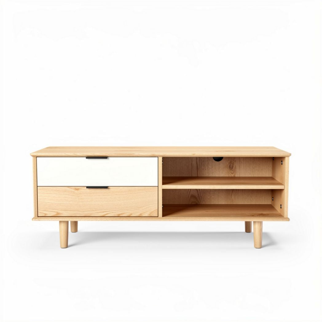 Mobiletto tv in legno di pino naturale con 2 cassetti e ripiani 120 x 40 x 50cm