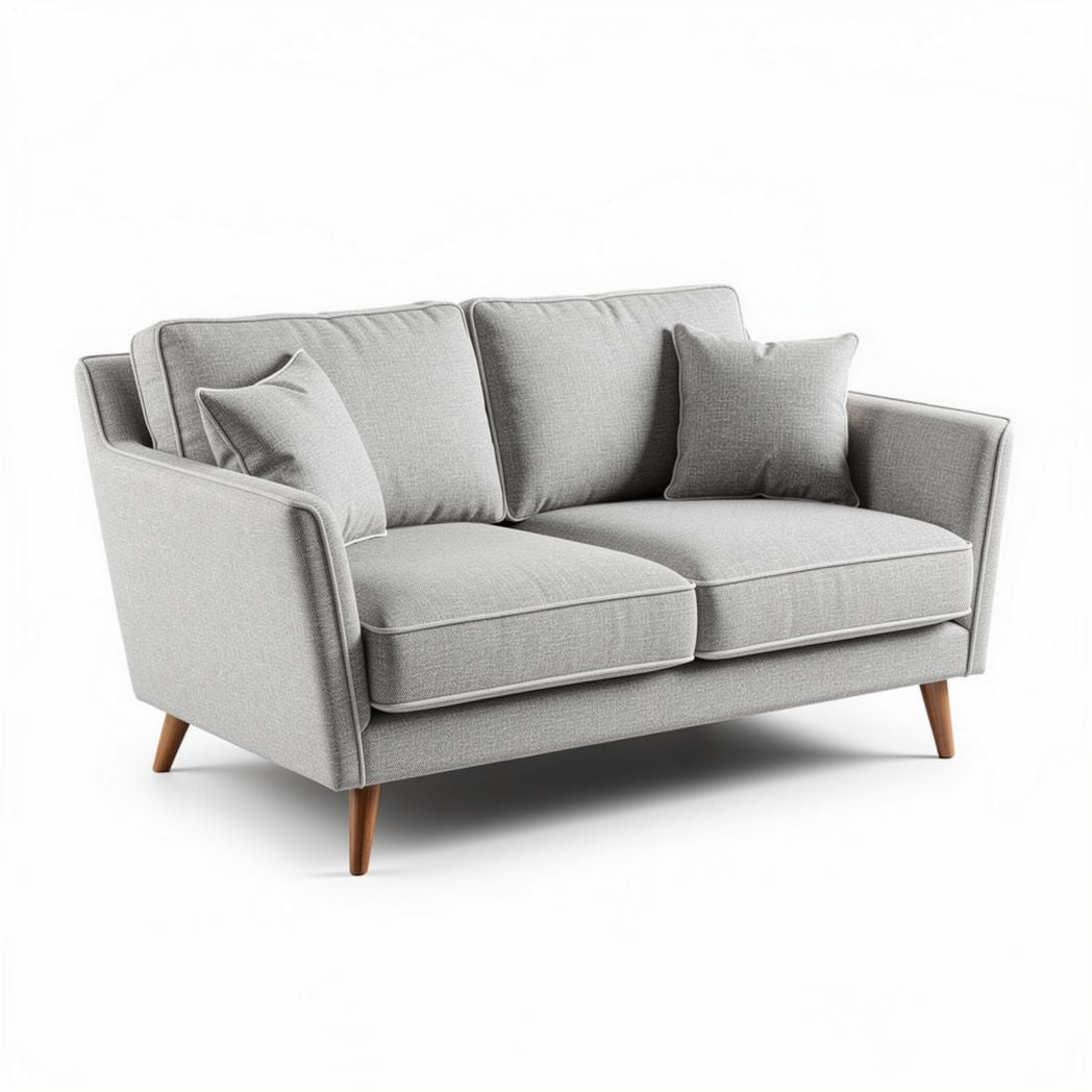Divano grigio in tessuto con cuscini e gambe in legno 180 x 90 x 85cm
