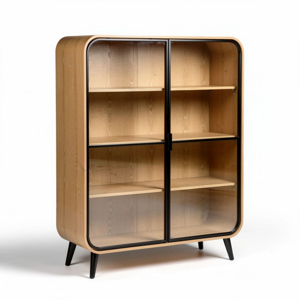 Mobiletto vetrina in legno di frassino e metallo nero 80 x 35 x 120cm