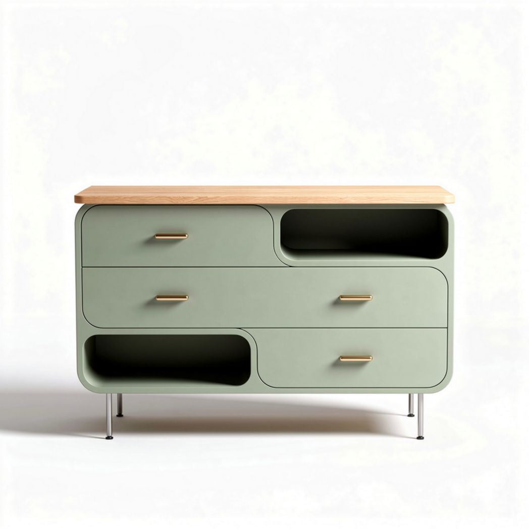 Cassettiera moderna in verde con struttura in legno e dimensioni 120 x 50 x 80cm